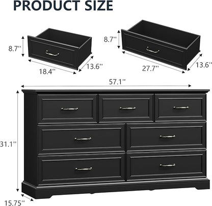 7 Drawer Dresser for Bedroom, 57" Wide Wooden Chest of Drawers, Rustic Farmhouse Dresser with Large Drawers & Metal Handles, Modern Storage Organizer for Closet, Living Room, Hallway, Black