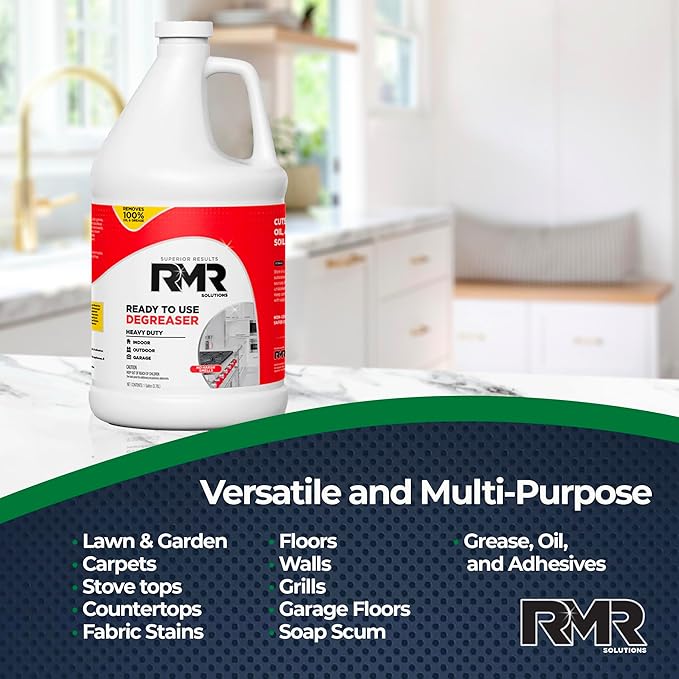 RMR Degreaser and Cleaner - Ready to Use Indoor/Outdoor Formula Works on Contact, For Heavy-Duty Cooking Surfaces, Indoor, Outdoor, Automotive, and Equipment Cleaning, 1 Gallon