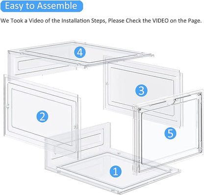 8 Pack Shoe Boxes Clear Plastic Stackable, Drop Front Shoe Storage Organizer for Closet, Sneaker Storage with Magnetic Door, Shoe Display Containers Fit US Size 12 (13.4”x 10.6”x 7.5”) Clear