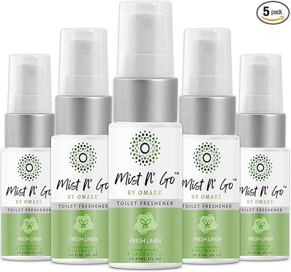 Mist N' Go by Omaze Travel Bathroom Spray - Toilet Odor Eliminator & Air Freshener - Fresh Linen (1oz x5)