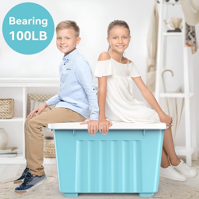 Nazhura 97 Quart Plastic Storage Bin, Stackable and Nestable Storage Boxes with White Lids and Secure Latching Buckles, Large Storage Container (Blue, 97Quart-6Pack)