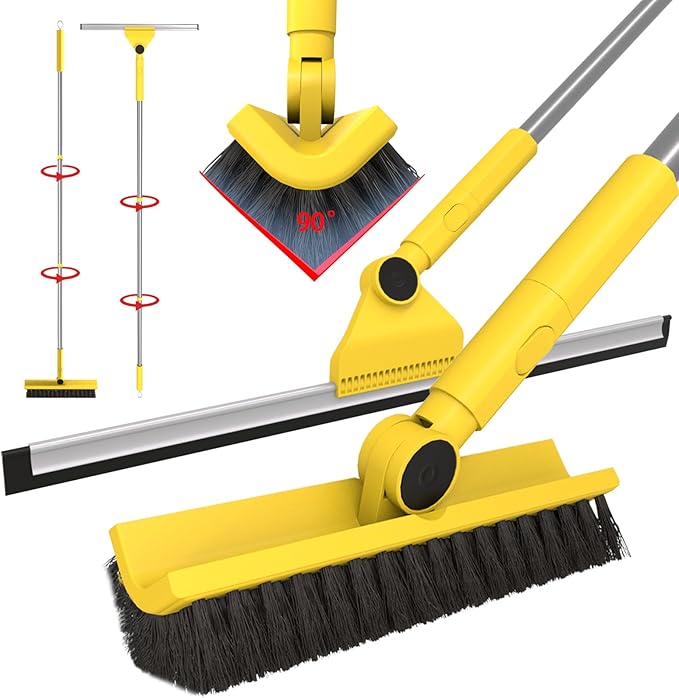 Multi-Purpose V-Shaped Grout Brush with 16.9" Floor Squeegee Set, Long Handle Floor Scrub Brush for Cleaning Bathroom Tile Corner Baseboards, Squeegee for Cleaning Garage Floor Window Glass