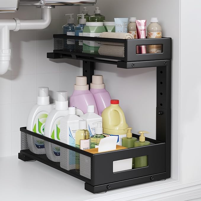 1 Pack-11.4"-16.14"H Under Sink Storage Organizer, Large 2-Tier Elegant Mesh Pull Out Shelf for Kitchen and Bathroom Cabinet Organization, L-Shaped and Adjustable Height Design for Maximum Space-Black
