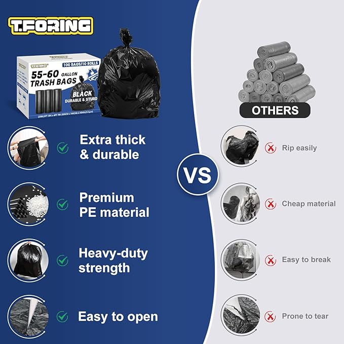 55-60 Gallon Trash Bags Heavy Duty 2.1 Mil - 39''x55'' 100 Count Extra Thick Black Garbage Bags Unscented Strong Huge Can Liners for Construction Industrial Yard Outdoor Commercial