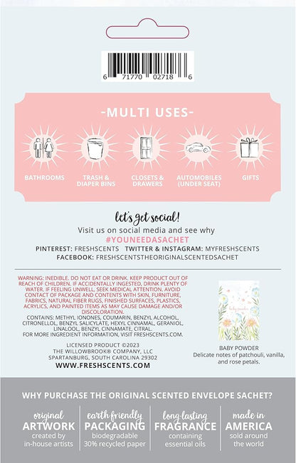 WILLOWBROOK | Fresh Scents Scented Sachet Packet | Baby Powder | Air Freshener Bags for Drawers, Closets, Cars | 6 Pack | Long Lasting Home Fragrance