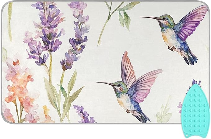 Lavender Flower Hummingbird White Ironing Mat for Table top Portable Ironing Pad Blanket for Washer Dryer Countertop Travel