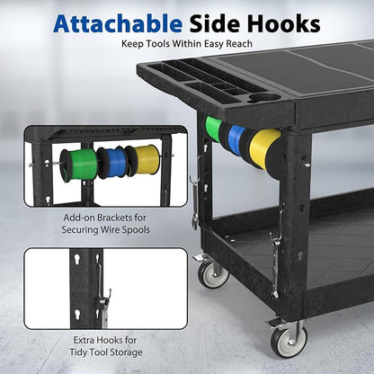 Heavy Duty Flat Top Utility Cart with Wheels 2-Tier Utility Plastic Service Work Cart for Shop, Garage, Warehouse, Maintenance 550 lbs