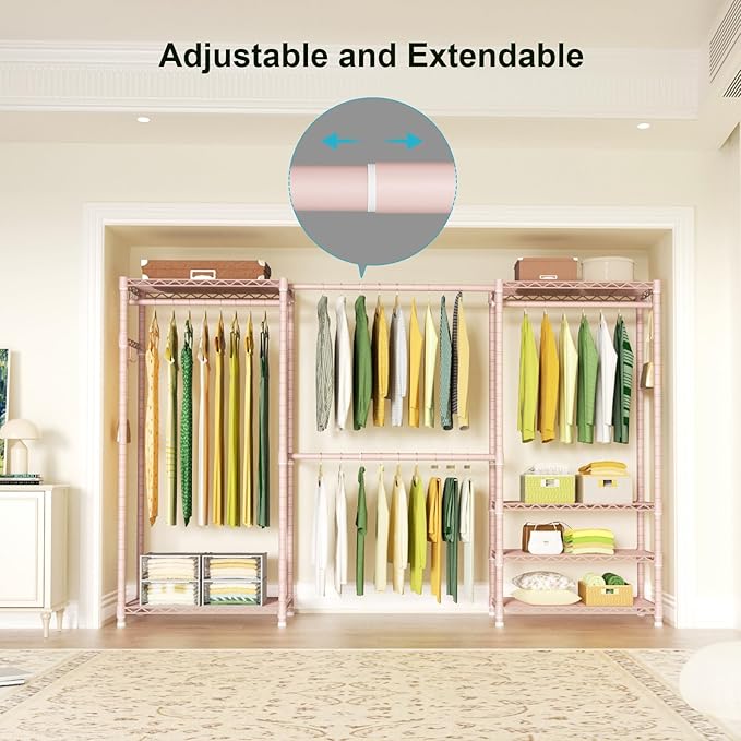 Ulif E1 Heavy Duty Closet Garment Rack, 6 Tiers Adjustable Metal Freestanding Expandable Clothing Storage with 4 Hanger Rods, Easy to Assemble Wardrobe, 71.4" H x (70" - 88.2") L x 14" D, Pink