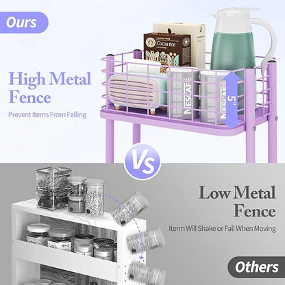KINGRACK 3 Tier Rolling Cart, Metal Mobile Storage Shelf with Lockable Wheels, Prevent Falling Utility Trolley Cart, Storage Organizer for Kitchen, Office, Bathroom, Dorm, Purple