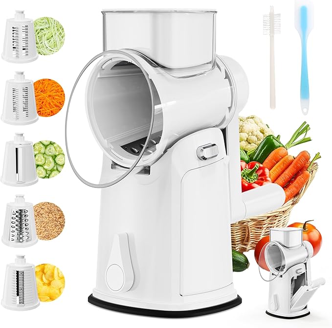 7 IN 1 Upgraded Rotary Cheese Grater with Handle – Vegetable Shredder with Built-in Storage Blade Slot, 5 Versatile Blades, Strong Suction Base Round Mandoline Slicer, Food Chopper for Kitchen