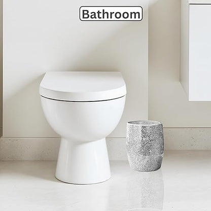 Escenzy Modern Bathroom Trash Can Silver Mosaic Glass 5L | 7" x 10" | Luxury Waste Basket for Restroom, Bedroom, Office & Kitchen | Decorative Small Garbage Can | Silver Glitter Bathroom Accessories