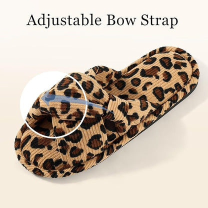 Evshine Summer House Slippers for Women Corduroy Cross Bow Indoor Slippers Open Toe Slip On Bedroom Shoes with Memory Foam