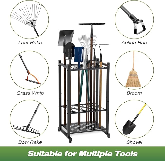 Garden Tool Organizer, Yard Tool Tower Rack for Garage Organization and Storage, Up to 35 Long-Handled Tools/Rakes/Brooms, Heavy Duty Steel Garden Tool Stand for Shed, Outdoor, Black