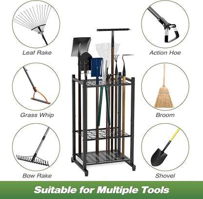 Garden Tool Organizer, Yard Tool Tower Rack for Garage Organization and Storage, Up to 35 Long-Handled Tools/Rakes/Brooms, Heavy Duty Steel Garden Tool Stand for Shed, Outdoor, Black