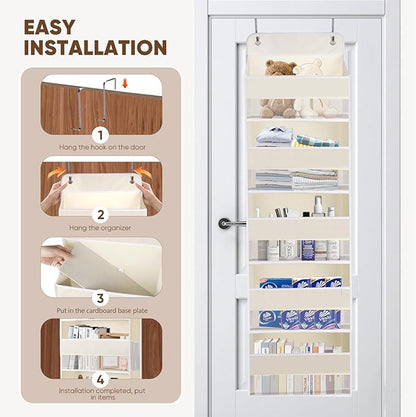 QINGUANG Over The Door Organizer,Hanging Organization and Storage, Behind Door Organizer with Side Pockets, 44 lbs Capacity,Anti Tilt, for Nursery, Bathroom, Bedroom,Dorm 5-Shelf Beige