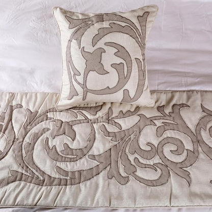 The HomeCentric Designer Ivory & Beige Full 68 x 18 inch Bed Runner Without Pillow Cover, Linen Lurex Applique Bed Scarf, Abstract Modern - Pretty Dainty