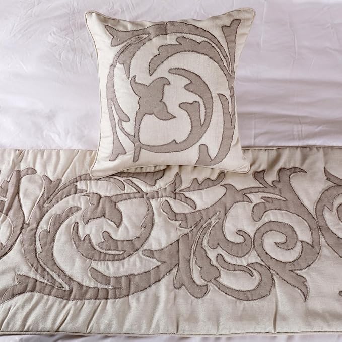 The HomeCentric Designer Ivory & Beige Queen 74 x 18 inch Bed Runner with Pillow Cover Set, Linen Lurex Applique Bed Scarf, Abstract Modern - Pretty Dainty