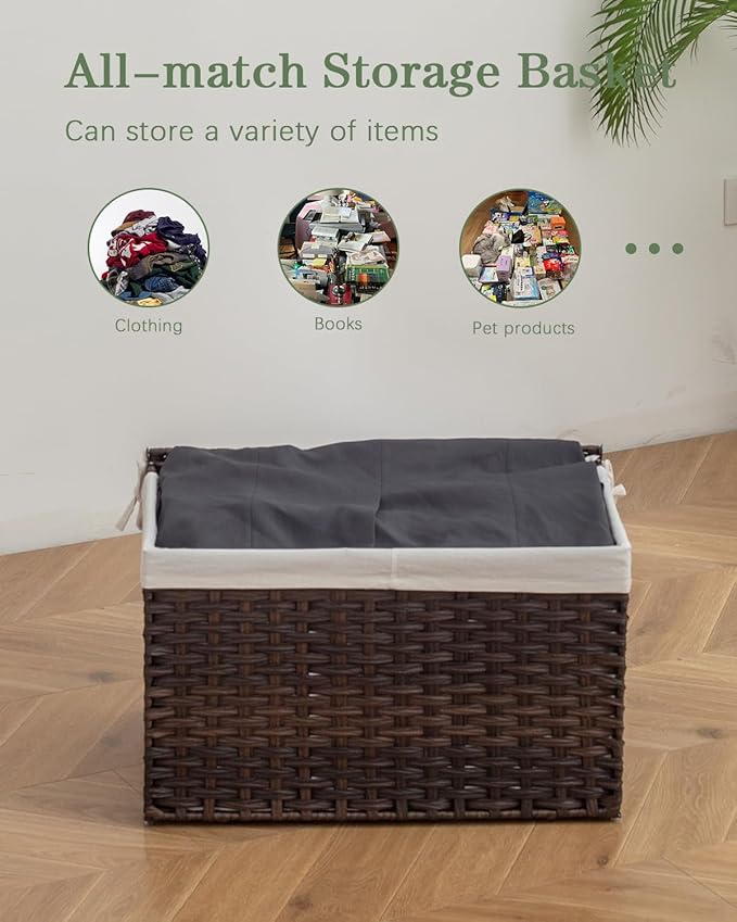 Storage Basket with Lid Rattan Woven Storage Baskets with 2 Separate Lids, 17.2 Gallon (65 L), 22 x 13 x 13.8 Inches,Foldable, 2 Removable Liner Bags Handles for Bedroom, Laundry Room Brown