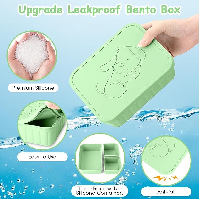 Bento Lunch Box for Kids-Reusable Silicone Kids Bento Box Lunch Container Leakproof Lunchbox Meal Prep Food Storage Containers with 3 Removable Compartments–Dishwasher Safe/BPA Free/Portion Control