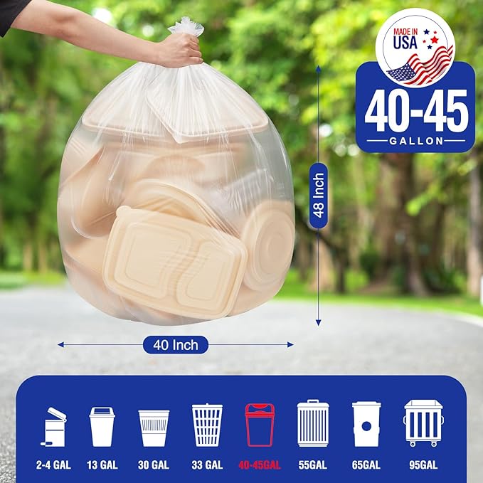 Delxo 40-45 Gallon Clear Trash Bags, 125 Count – Medium Duty Garbage Bags, Thick, Durable & Puncture-Resistant Plastic Can Liners– Made in USA for Kitchen, Yard & Commercial Use