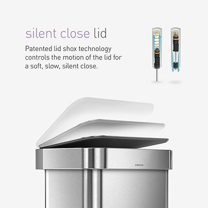 simplehuman 45 Liter / 12 Gallon Liter Rectangular Hands-Free Kitchen Step Trash Can with Soft-Close Lid, Brushed Stainless Steel with Plastic Lid
