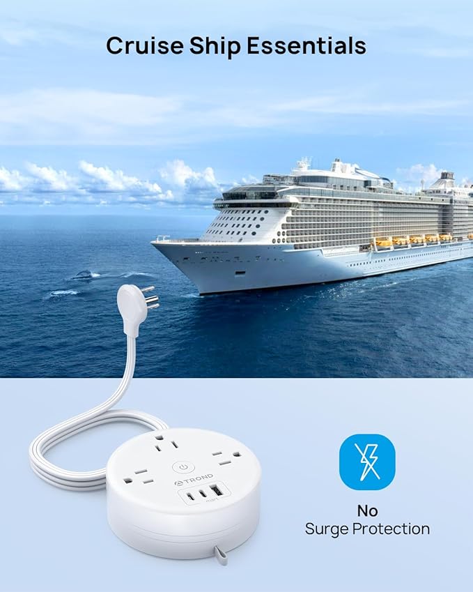 TROND Flat Plug Power Strip - Extension Cord 10FT Semi-Retractable, Power Strip with 3 AC Outlets 3 USB Ports (2 USB C), Cruise Ship Essentials, Desktop Charging Station for Home, Hotel, Dorm