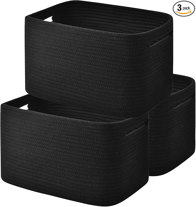 Storage Basket,Woven Baskets for Storage,Cotton Rope Baskets for Organizing,decorative Baskets for Shelves,book Basket,towel Basket,Toy Basket or Storage Bins for Living Room - 3 Pack,Black