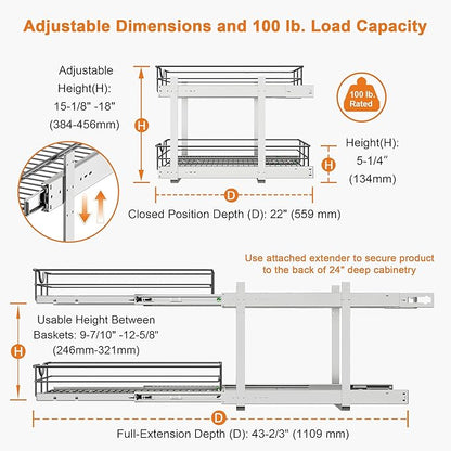 ALINE FURNITURE 2-Tier Pull Out Cabinet Organizer - 14" W x 22" D Soft Close Pullout Shelves with Shelf Liners - Slide Out Drawers for Kitchen Cabinets, Pantry, Bathroom, Heavy Duty Steel Wire Baskets
