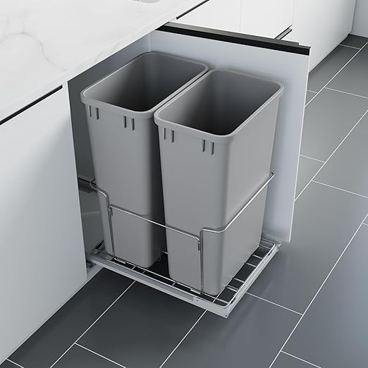 Dowell B18 Aluminum Base Wastebasket Pullout with Door Mount and Two 50Qt/13Gal Plastic Bins (4012 0218+50x2)