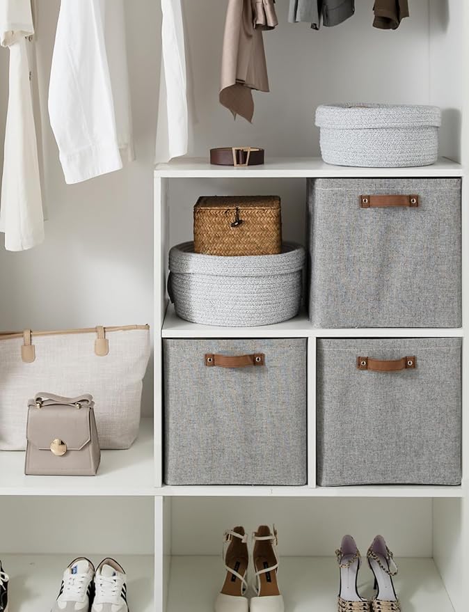 StorageWorks 13x13 Inches Storage Cube, Fabric Storage Bins with PU Handles, Collapsible Organizer Baskets for Closet, Gray, 4-Pack