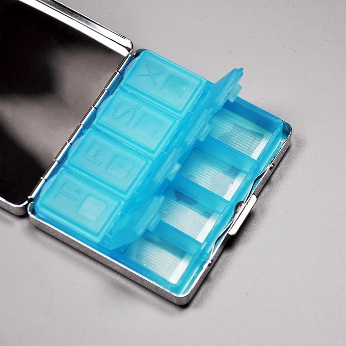 Silver Vintage Pill Box 7 Day Metal Pill Box with Mirror and 8 Compartments Cute Travel Pill Organizer for Purse (Vintage Label)