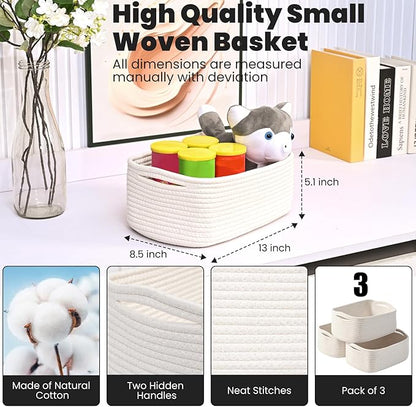 Small Storage Baskets for Organizing, Organizing Baskets for Shelves, Small Cute Basket for Gifts Empty, Organizer Basket for Decor, 13"×8.5"×5.1" (3 Packs) Off White