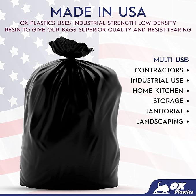 OX Plastics Black Trash Bags - Heavy Duty Garbage Bags, Extra Thick Unscented Large Trash Can Liners for Home, Outdoor, and Commercial Use - 39 Gallon, 100 Count