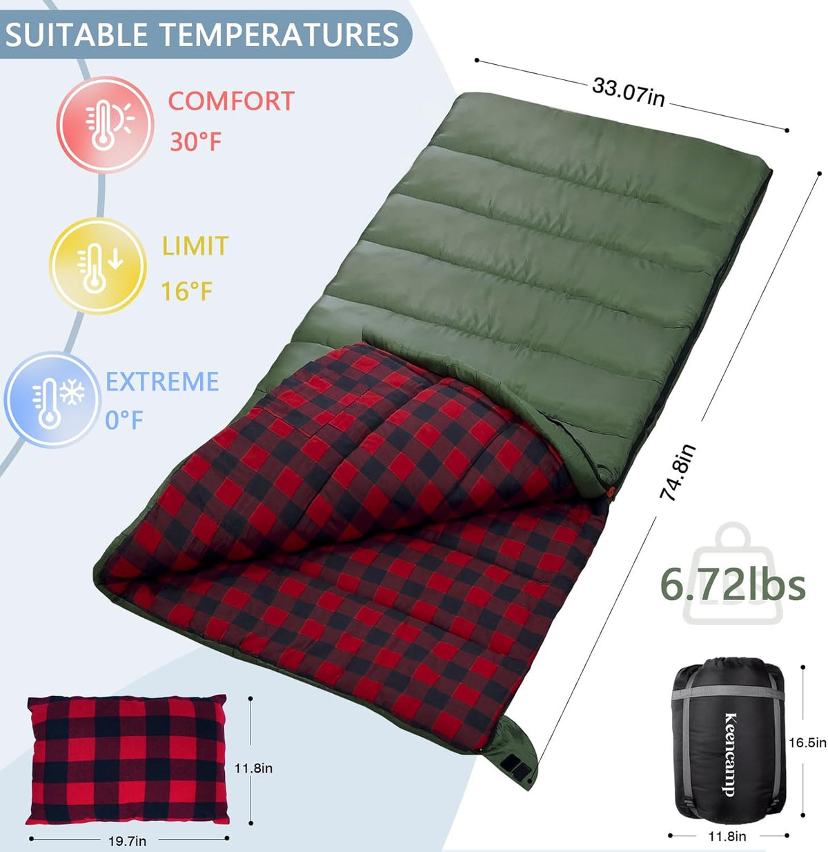0 Degree Sleeping Bag Cotton Flannel Winter Cold Weather for Adults XXL Sleeping Bag 4 Season Big and Tall with Pillow Compression Sack