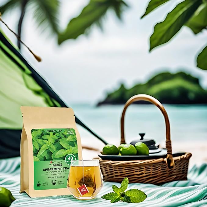 FullChea - Spearmint Tea Bags, 40 Teabags, 1.5g/bag - Premium Spearmint Leaves - Non-GMO - Caffeine-free - High in Antioxidant & Support Digestion