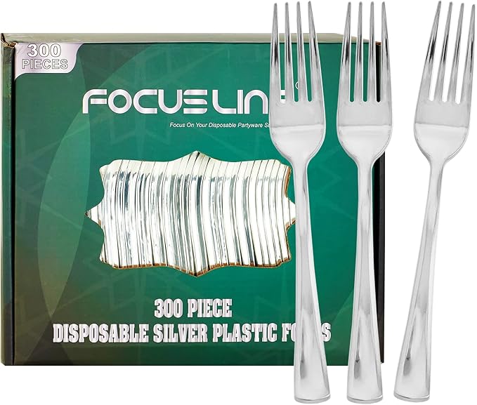 FOCUSLINE 300 Pack Disposable Silver Plastic Forks, Solid and Durable Plastic Cutlery Forks, Heavy Duty Disposable Utensil Silverware for Catering, Parties, Dinners, Weddings