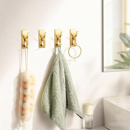 10 Pack Self Adhesive Coat Hooks for Hanging, Heavy Duty Stainless Double Wall Hook for Towel, Backpack, Hat, Sturdy Metal Hanger for Bathroom, Bedroom, Door, Wall Mounted, Brushed Gold