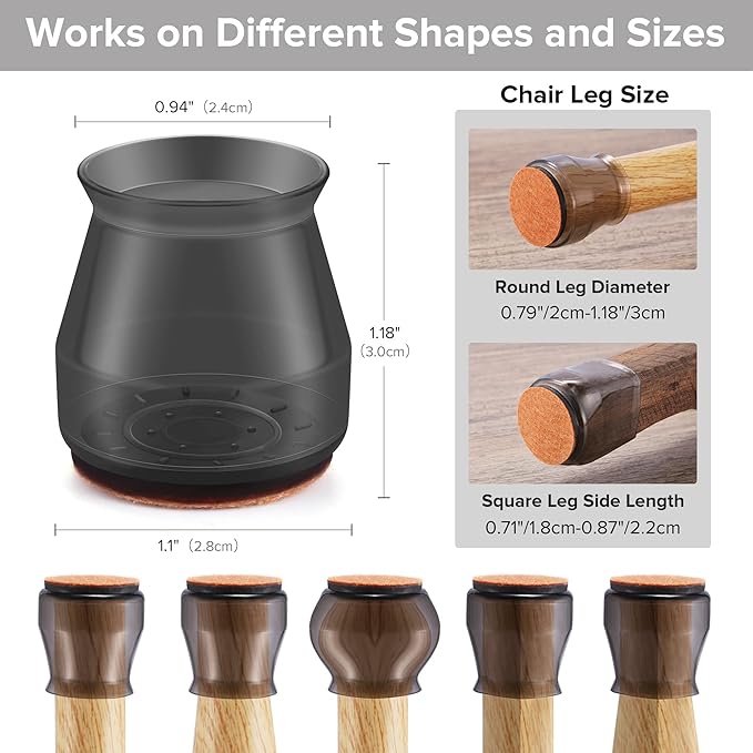 24PCS Upgraded Silicone Chair Leg Floor Protectors for Hardwood Floors, Furniture Sliders for Chair Legs, Felt Bottom Furniture Pads, Anti-Slip Round&Square Cap Covers to Scratch and Reduce Noise