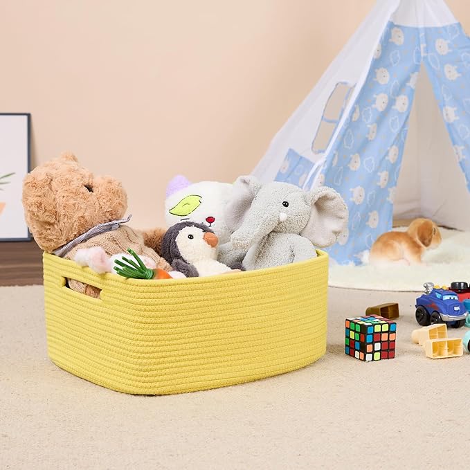 Large Storage Baskets for Shelves, Closet Organizers Bins for Clothes Blanket Towels, Baby Nursery, Toy Baskets Box, Woven Rope Baskets, 17 x 13 x 7.5”, 2 Packs Yellow