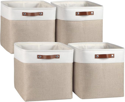 Univivi 4 PC 13 Inch Cube Storage Baskets with Hard Bottom for Shelves Foldable Storage Baskets for Closet Storage Clothes,Cube Storage Bin, Storage Basket with Handles for Organizing (Khaki)