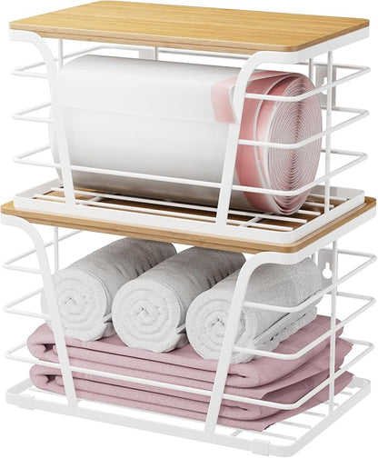 Extra Large 2 Pack Stackable Pantry Organizers - Laundry Room Organization & Decor, Kitchen Decor, Wall Mount Trash Bag Holder with Bamboo Top, White
