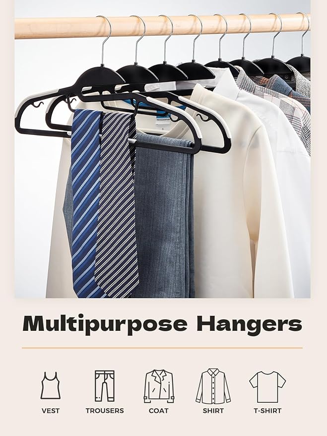HOUSE DAY Heavy Duty Plastic Hangers 100 Pack, Black Slim Clothes Hangers Space Saving, Non Slip Hangers with Rubber Pads, Durable Coat Hangers for Closet, S-Shaped Hanger for Shirt, Suit, Pant, Skirt