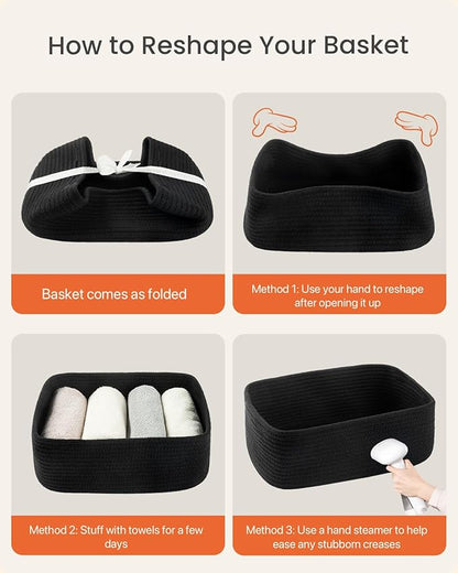 Small Woven Basket, 13.5 x 9.5 x 5 Inches, Storage Basket for Organizing, Cute Small Rope Shelf Closet Cube Storage Bins Baskets for Shelves, Dog Toy Gift Baskets Empty, 3 Packs, Black