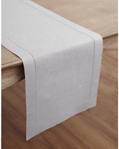 Solino Home Linen Soft Grey Table Runner 132 Inches Long - 100% Pure Linen Extra Long Table Runner 14 x 132 Inch for Christmas, New Year - Classic Hemstitch