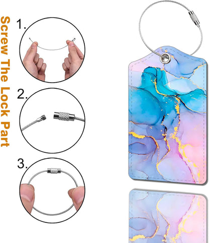 2 Pack Luggage Tag for Suitcase, Cute Unique Leather Bag Tags Identifiers Privacy Cover ID Label with Durable Steel Loop for Women Men Kids Girls Travel，Marble Blue