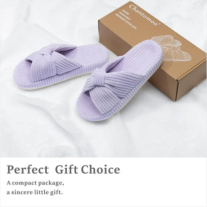 Chantomoo Slippers for Women Memory Foam House Bedroom Corduroy Bow Crossbands Slide Slipper Shoes Comfy Trendy Gift Slippers