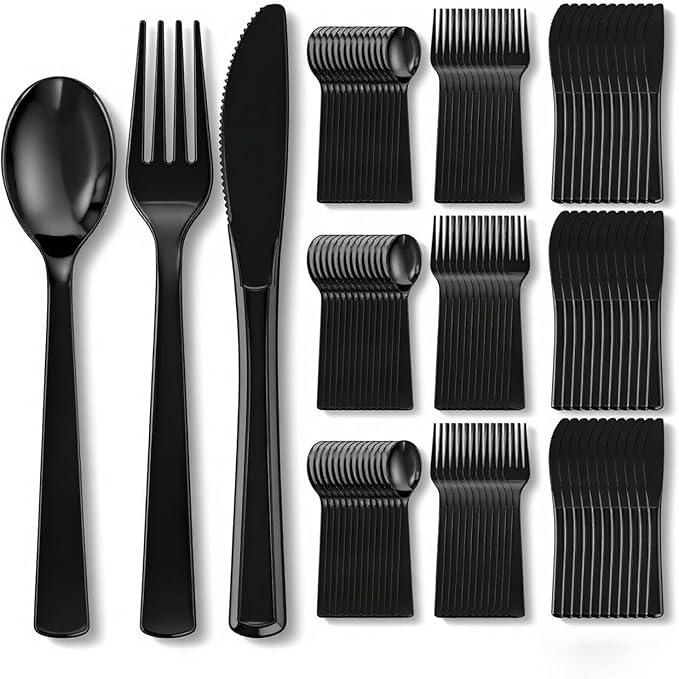 EI 360pcs Black Plastic Silverware,Disposable Cutlery,Plastic Silverware Heavy Duty,Plastic Spoons and Forks include 120pcs Forks,120pcs Spoons and 120pcs Knives,for Holiday, Birthday, Party