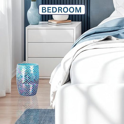 Escenzy Mermaid Bathroom Trash Can Mosaic Glass 5L | Decorative Small Garbage Can | 7" x 10" | Luxury Waste Basket for Restroom, Office, Bedroom & Kitchen | Shiny Glass Mermaid Bathroom Accessories