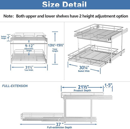 ROOMTEC Individual Pull Out Cabinet Organizer (31½" W x 21½" D), 2 Tier Spice Rack Organizer for Cabinet, Slide Out Drawer Pantry Shelf Organization and Storage for Kitchen Bathroom