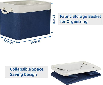 Temary Storage Baskets for Shelves, 2 Pcs Fabric Storage Bins Empty Gift Baskets for Organizing Clothes, Books, Decorative Basket with Rope Handles (White&Blue,16Lx12Wx12H Inches)